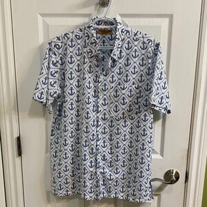 HAPPY BAY Men's Party Shortsleeve Button Down Hawaiian Shirt S Anchor Blue White